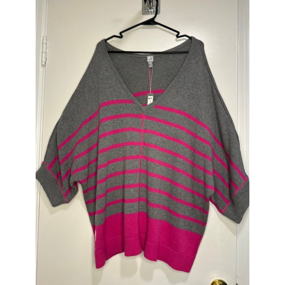 NWT JCP Preppy Striped Batwing Sleeve Sweater Sz:3X Grey Pink Batwing V-Neck